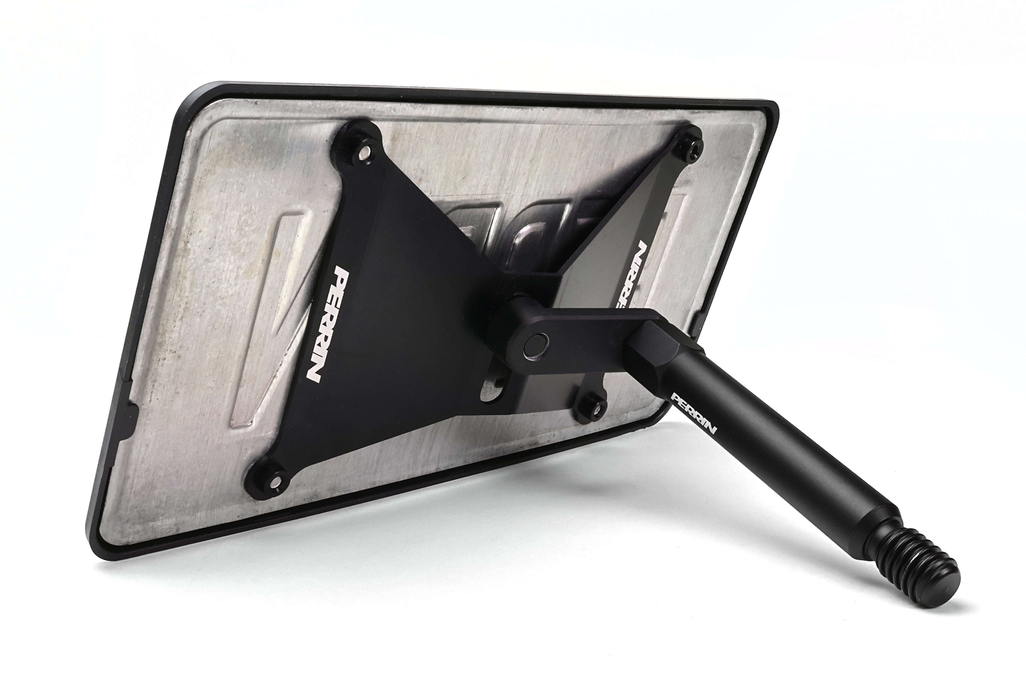 PERRIN front license plate relocation bracket for Toyota GR Corolla shown in black powder-coated finish.
