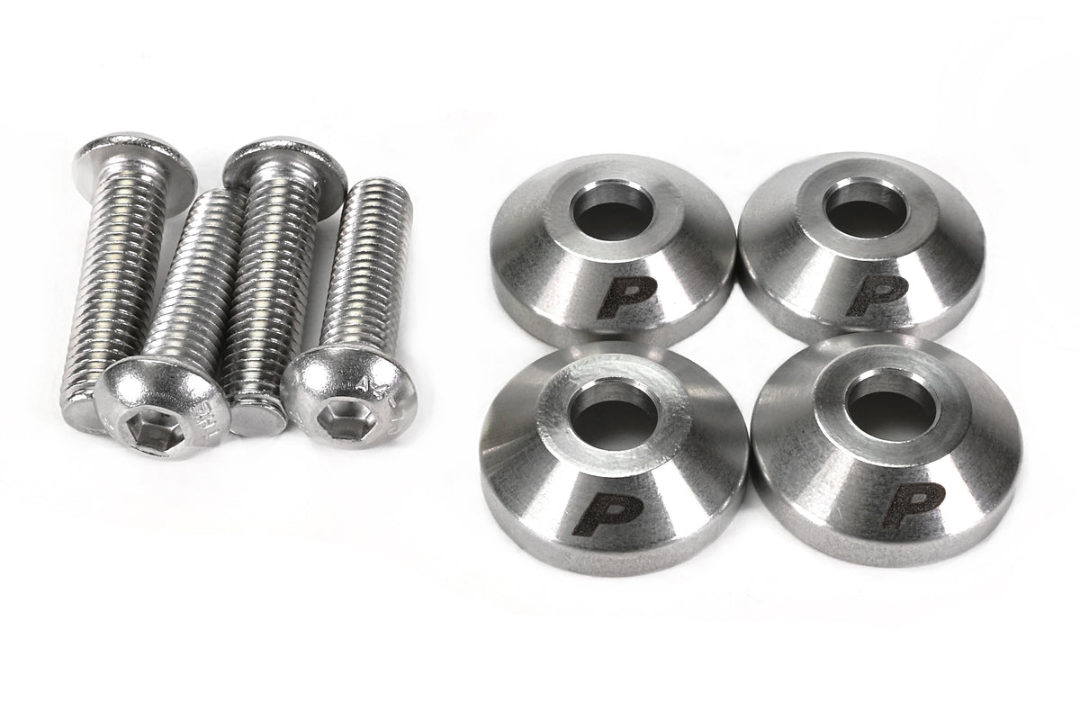 PERRIN GR Corolla Shifter Base Bushing kit on white background, four stainless steel bushings and four socket head bolts.