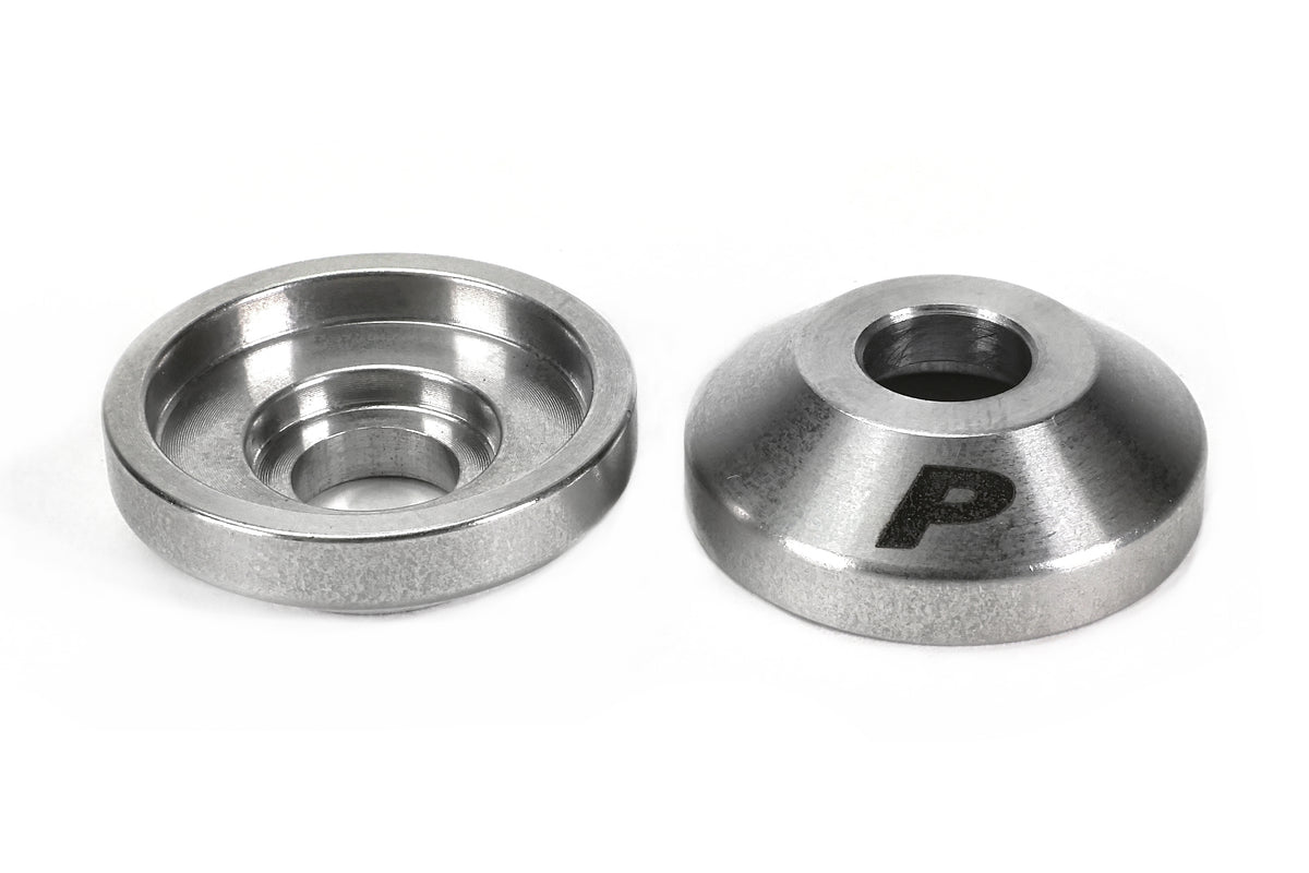 PERRIN GR Corolla Shifter Base Bushings showing both faces side by side on white background, brushed stainless steel finish.