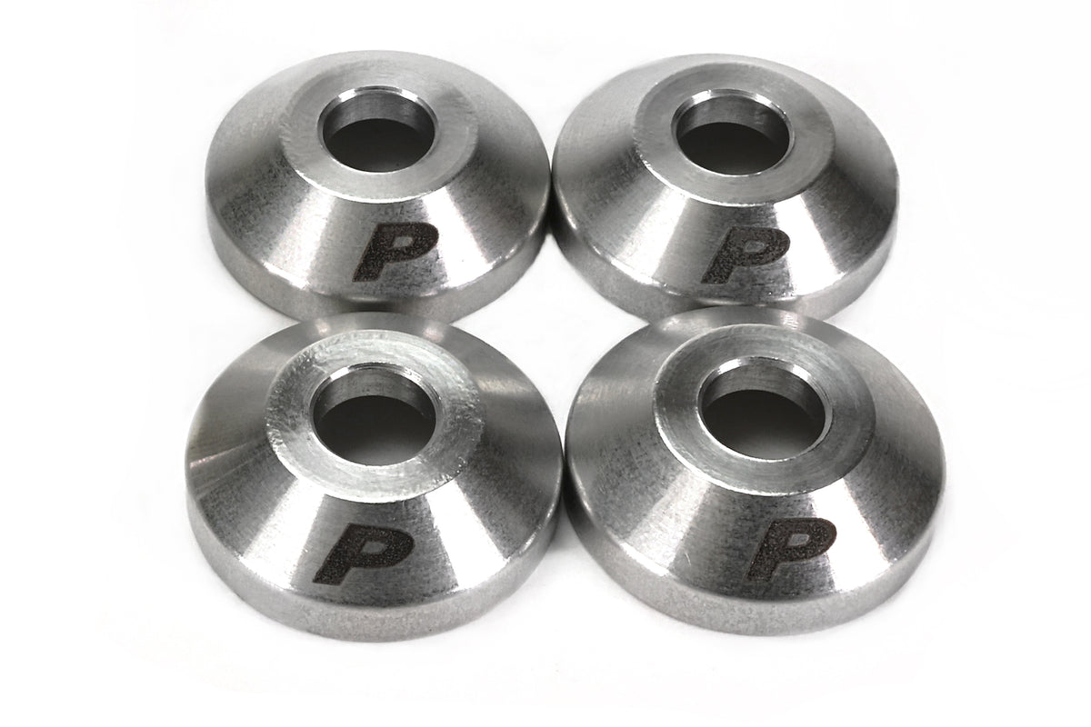 Set of four PERRIN GR Corolla Shifter Base Bushings on white background, domed stainless steel with engraved P logo.