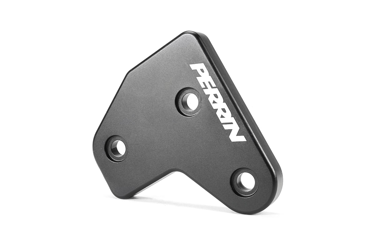 PERRIN GR Corolla Shifter Cable Bracket Lockdown with a black anodized finish and white logo on a white background.