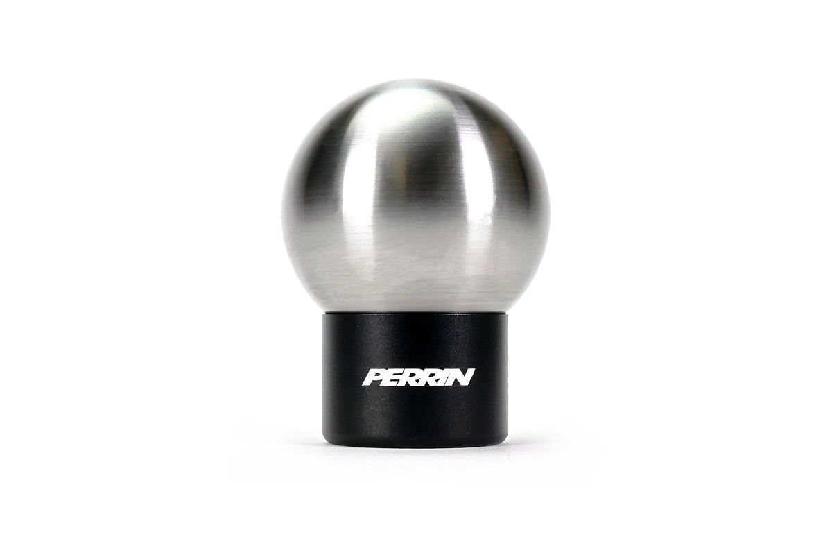 A PERRIN heavy weight stainless steel shift knob with PERRIN logo on shifter adapter.