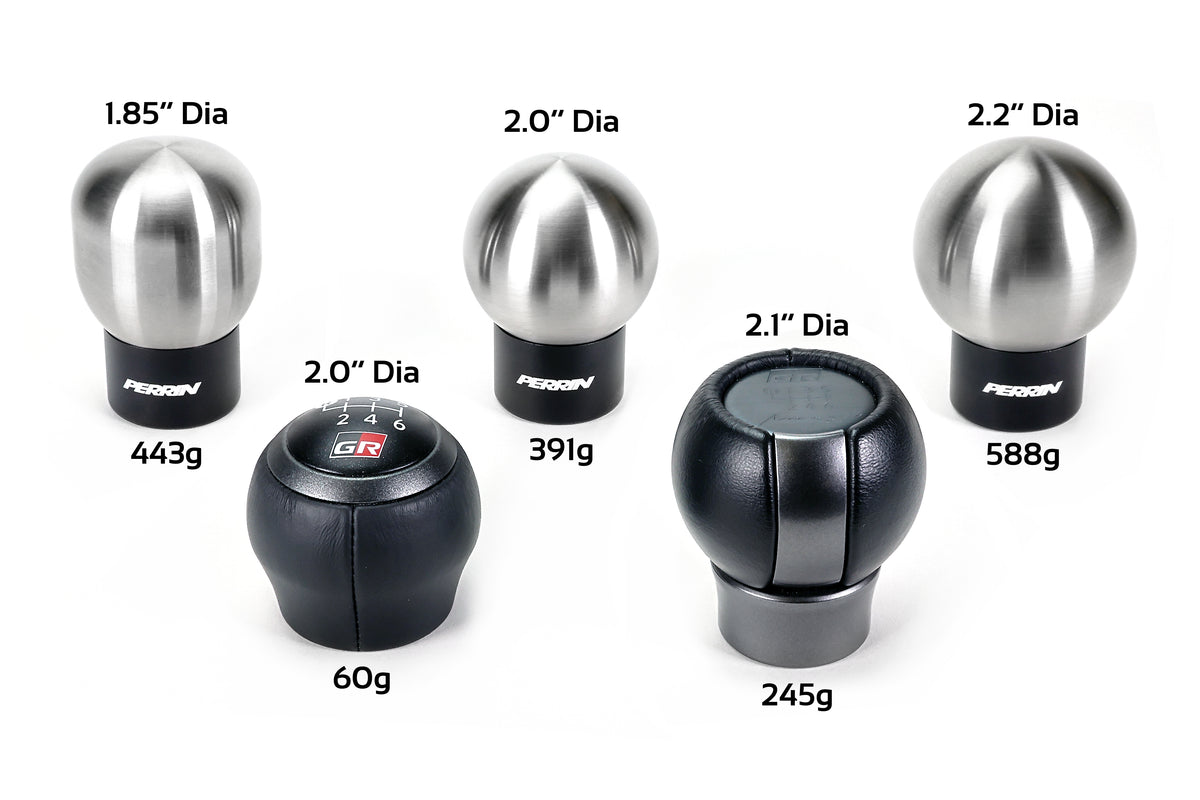 Side by side comparison of PERRIN heavy weight stainless steel shift knobs next to OEM shift knobs.