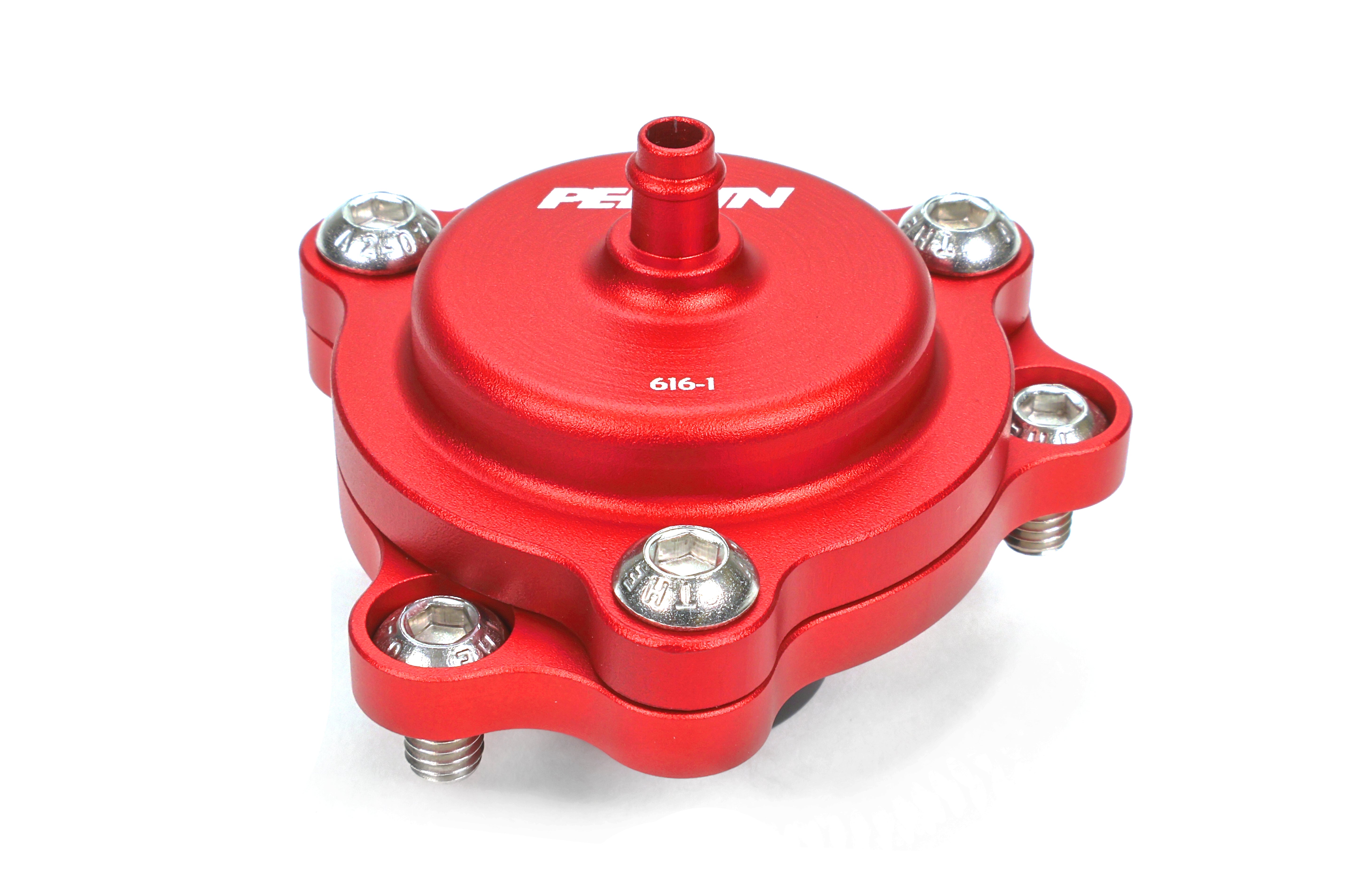 PERRIN GR Corolla Diverter Valve in red anodized aluminum, three-quarter top view showing domed cap and stainless hardware