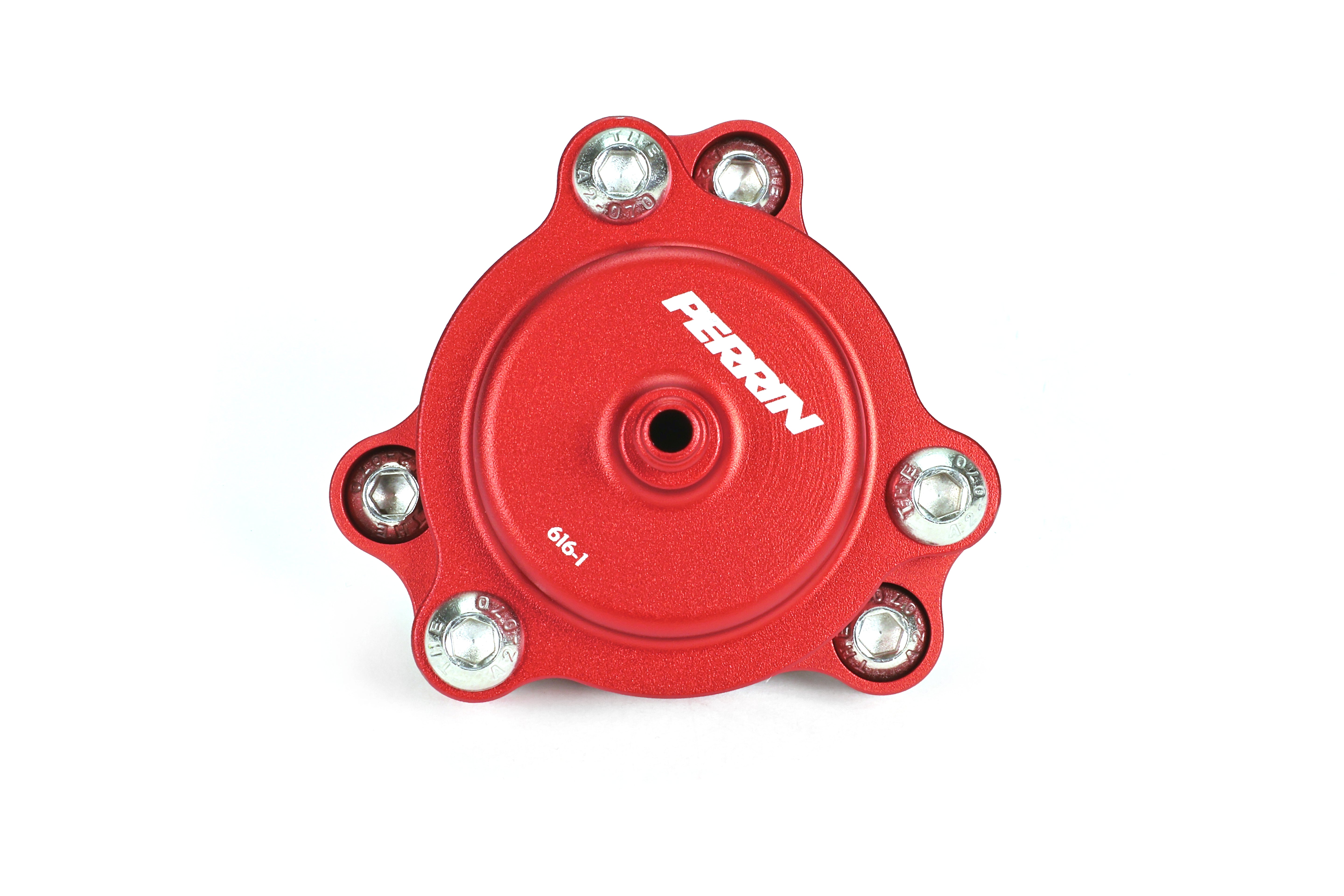 PERRIN GR Corolla Diverter Valve, top-down view of red anodized domed face with center port and hex bolts