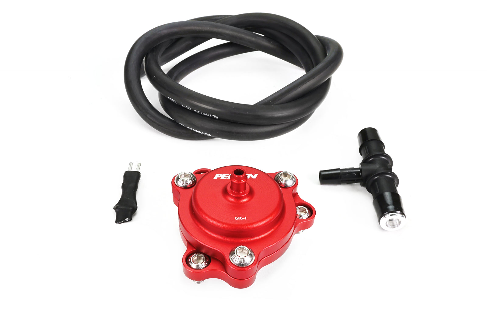 PERRIN GR Corolla Diverter Valve kit laid out on white background with vacuum hose, T-fitting, and wiring clip