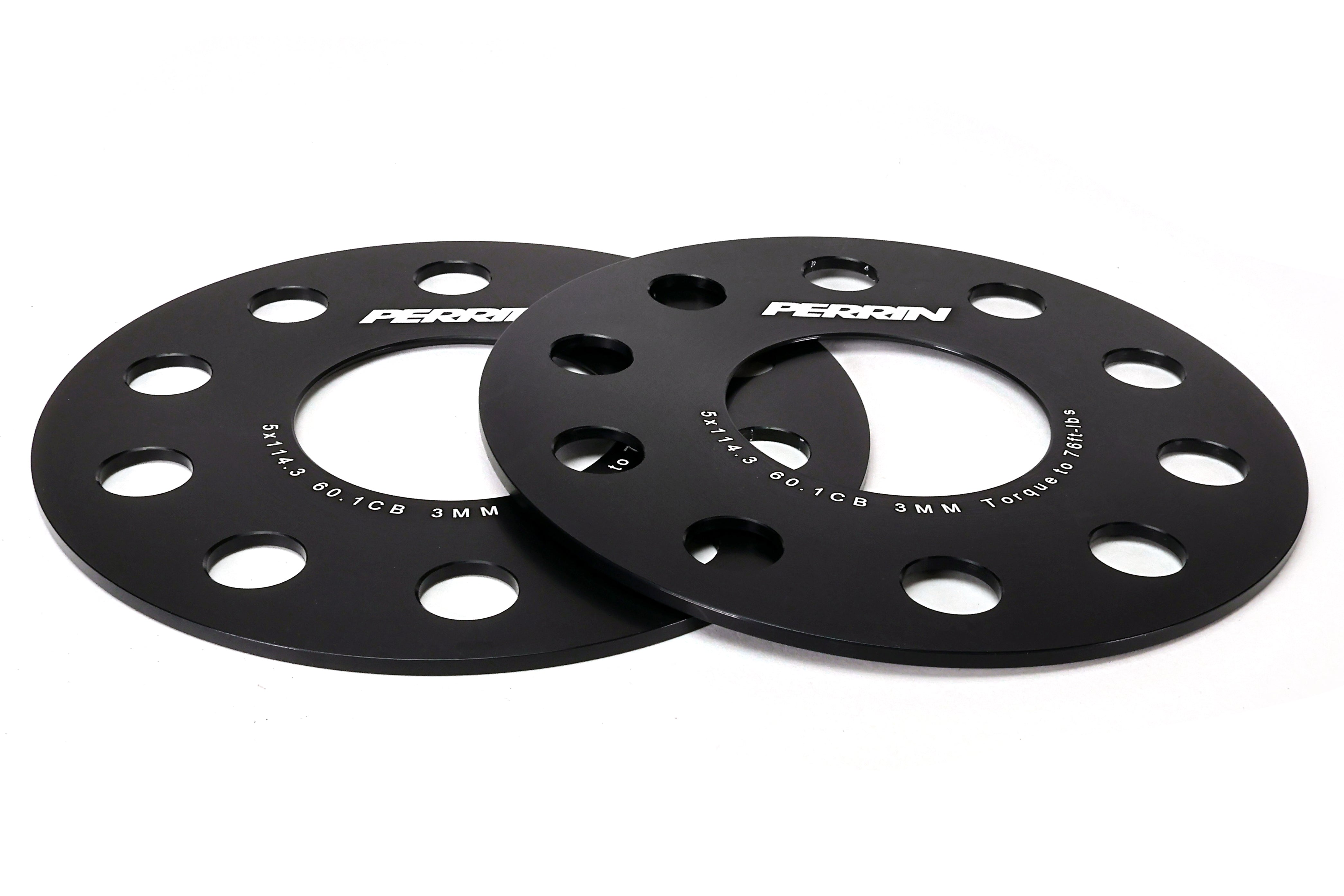 A set of PERRIN 3mm Wheel Spacers for 2023-2026 Toyota GR Corolla, black anodized aluminum.