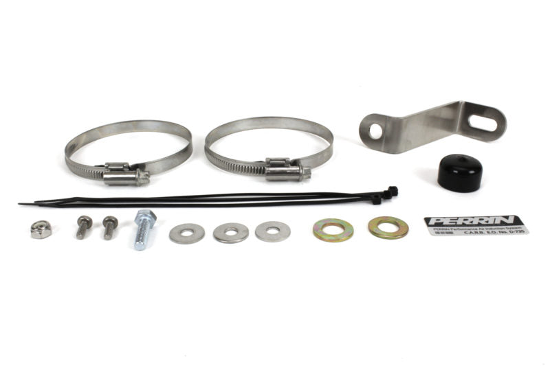 Cold air intake install kit featuring clamps, brackets, bolts, washers, and a label for easy installation.