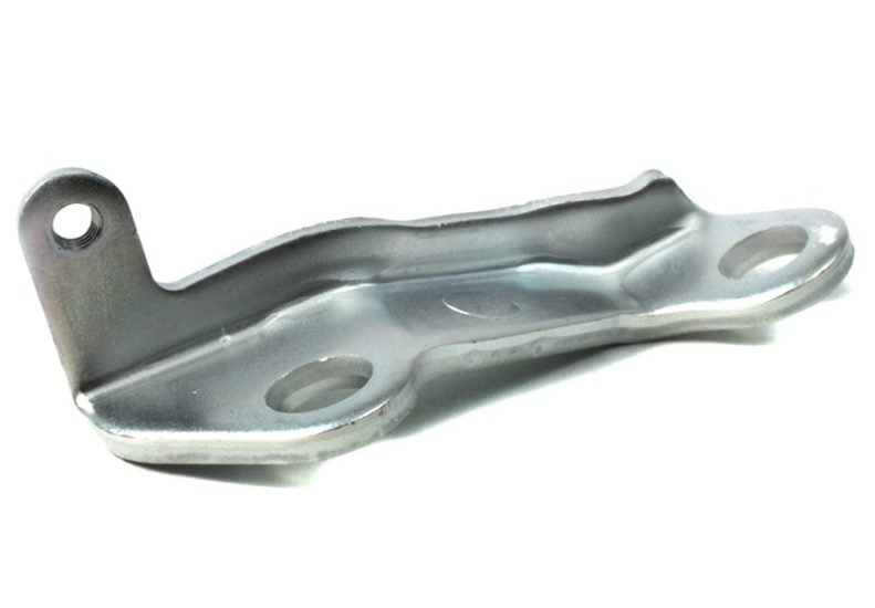 OEM lower turbo heat shield bracket in silver metal, featuring two mounting holes and a curved design for secure fitment.