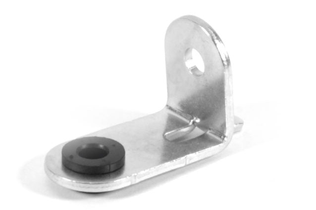 Aluminum belt cover bracket with a rubber grommet, designed for secure engine component mounting.