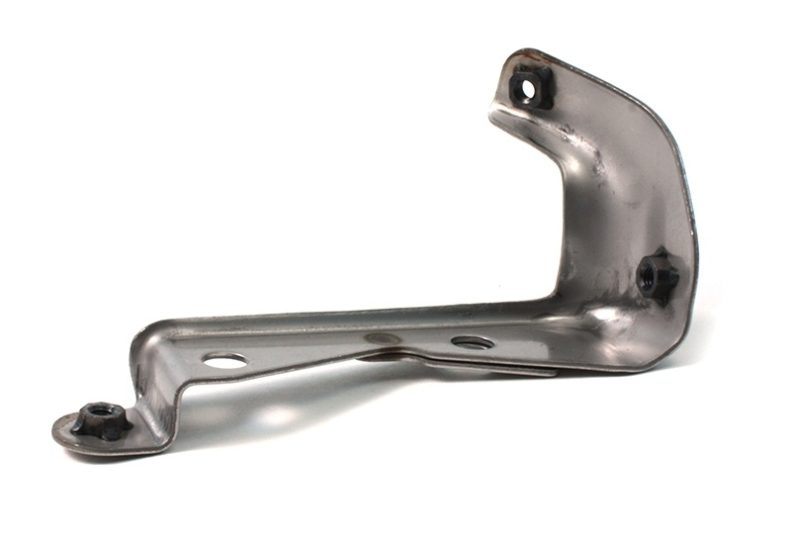 OEM upper turbo heat shield bracket made of metal, featuring a curved design with multiple mounting holes.