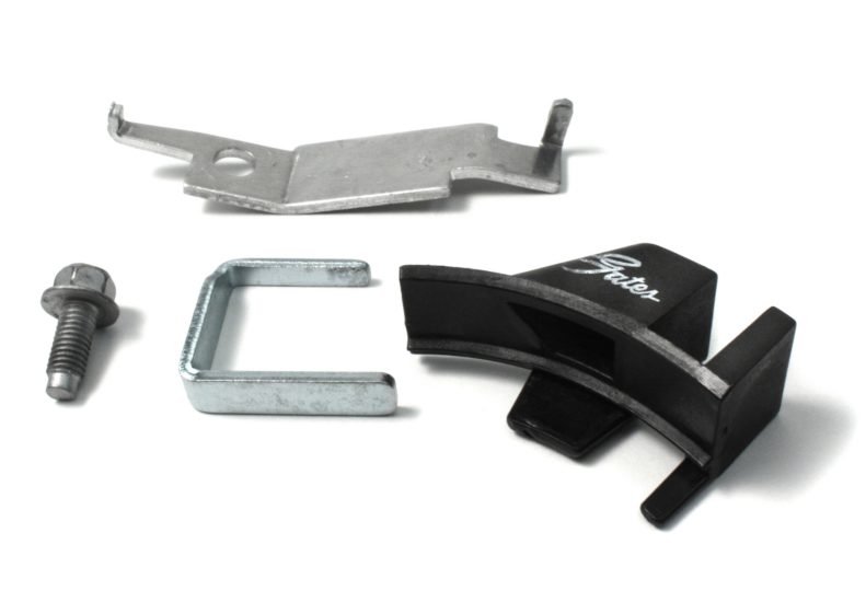 Micro-V belt installation tool components including a metal hook, a screw, a metal bracket, and a plastic guide.