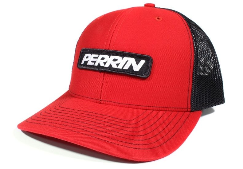 Red mesh back hat featuring a black logo patch with the word "PERRIN" prominently displayed on the front.