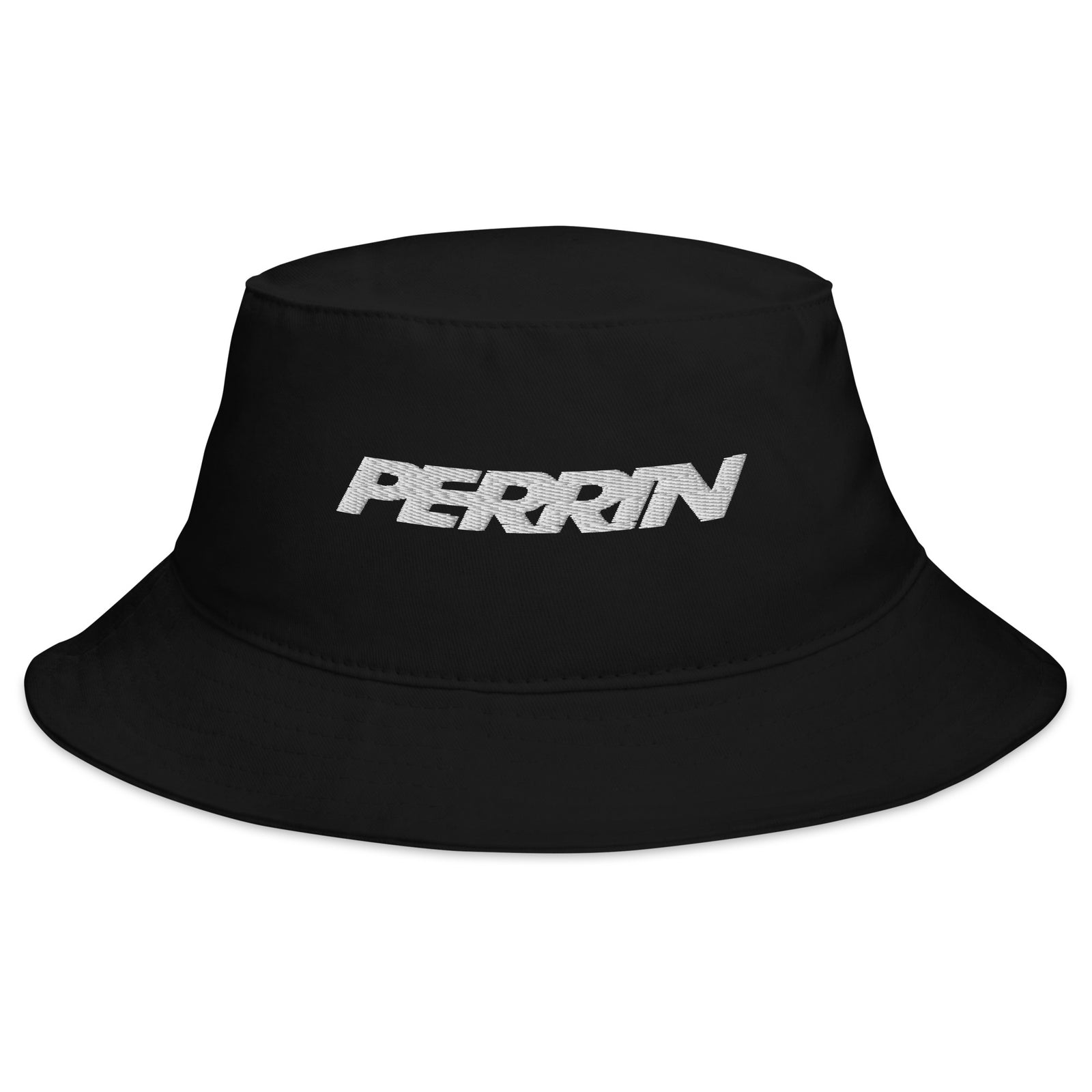 Black bucket hat featuring the Perrin logo prominently embroidered on the front, designed for automotive enthusiasts.