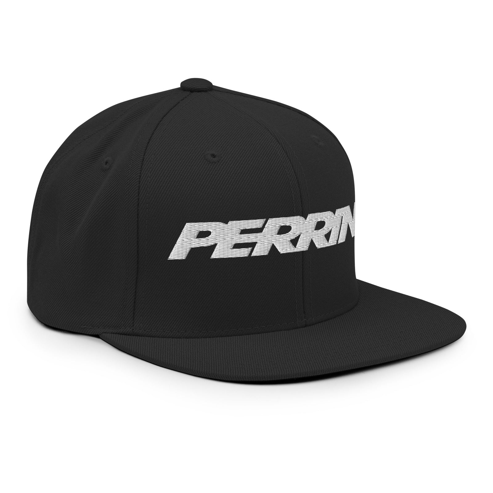 Black snapback hat featuring bold white "PERRIN" logo, perfect for automotive enthusiasts and casual wear.