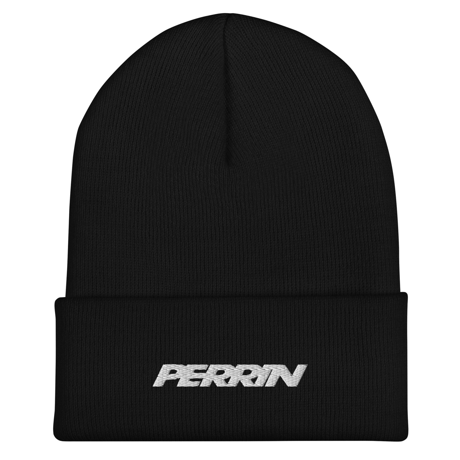 Black cuffed beanie featuring the Perrin logo in white, designed for automotive enthusiasts.
