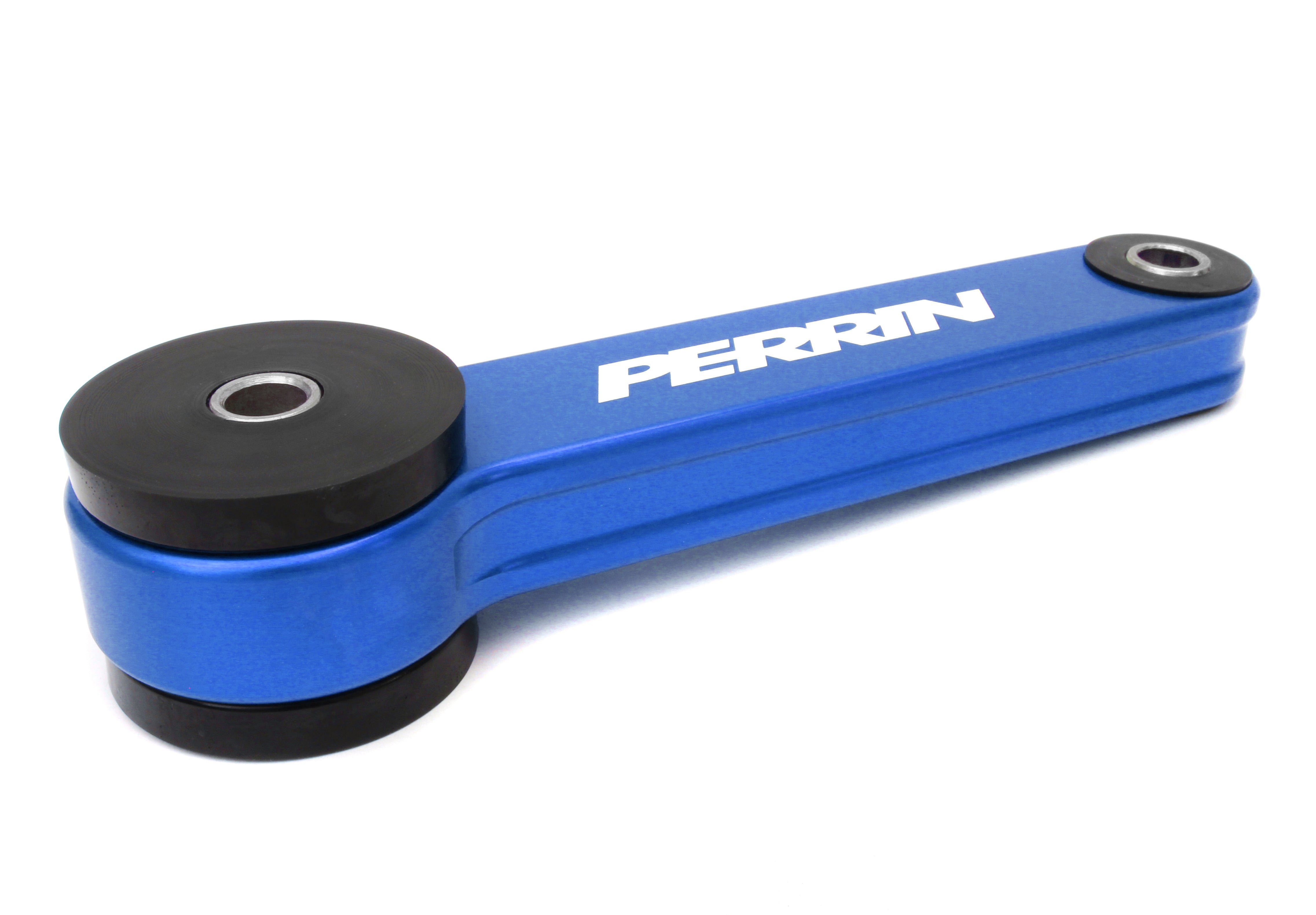 PERRIN Pitch Stop Mount for Subaru WRX, STI, Impreza, Legacy, Outback, and Crosstrek in blue aluminum with rubber ends.