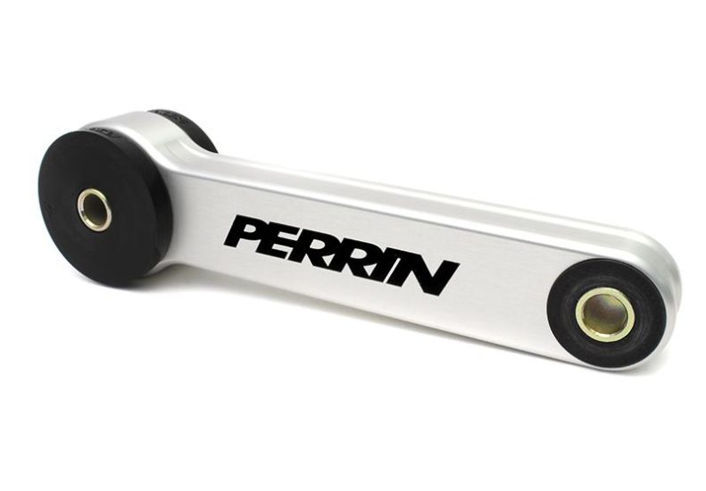 Aluminum pitch stop mount with rubber bushings, featuring the Perrin logo, designed for Subaru WRX, STI, and other models.