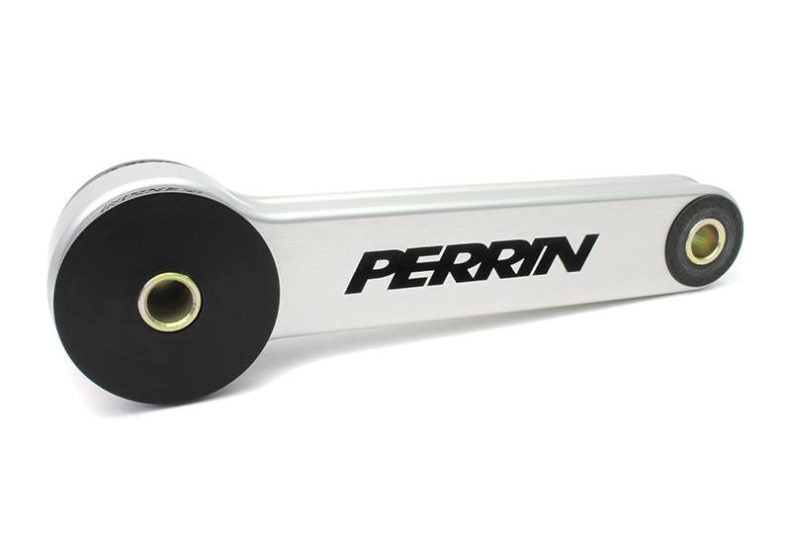 Perrin Pitch Stop Mount for Subaru models, featuring a silver aluminum design with black rubber bushings.