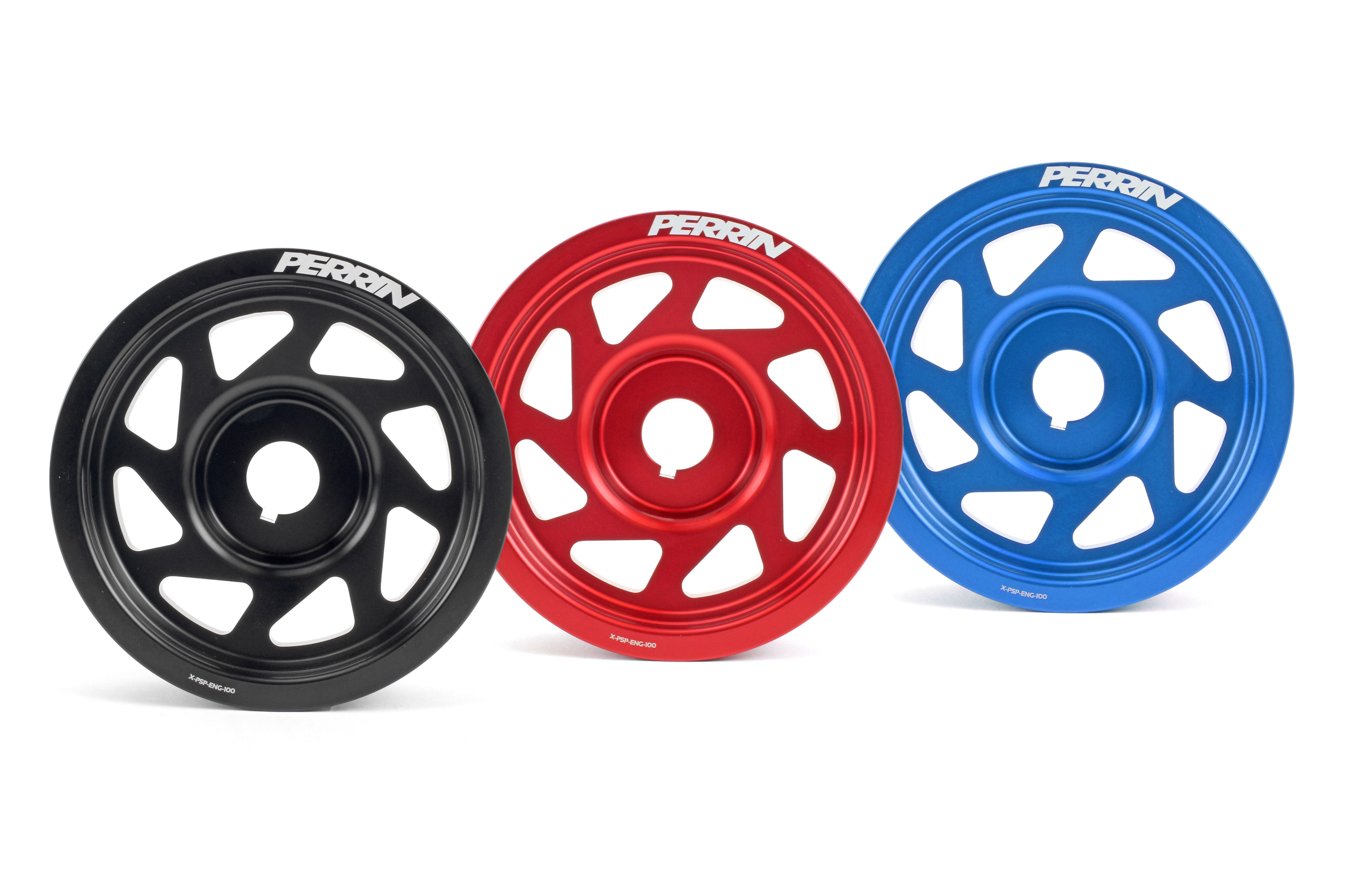 Lightweight crank pulleys in black, red, and blue for 2002-2014 Subaru WRX, STI, Outback, Forester, Legacy, and Impreza.