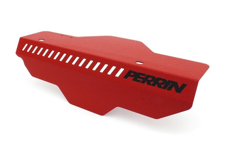 Red pulley cover designed for 2002-2014 WRX and 2004-2021 STI, featuring ventilation slots and Perrin branding.