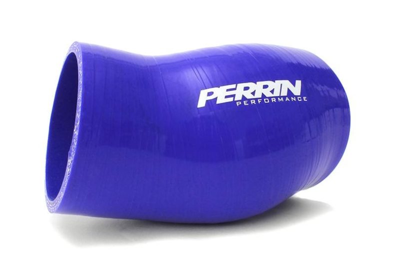 Throttle body coupler kit in blue silicone with Perrin Performance branding, designed for enhanced engine airflow.