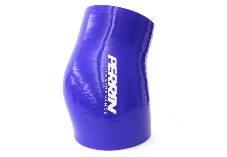 Throttle body coupler kit in blue silicone, featuring a smooth, curved design and Perrin Performance branding.