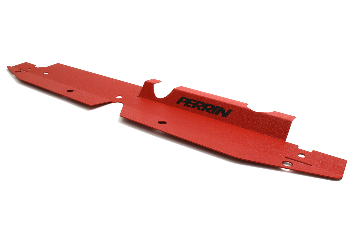 Red radiator shroud designed for 2008-2014 Subaru WRX/STI, featuring a sleek finish and Perrin branding.