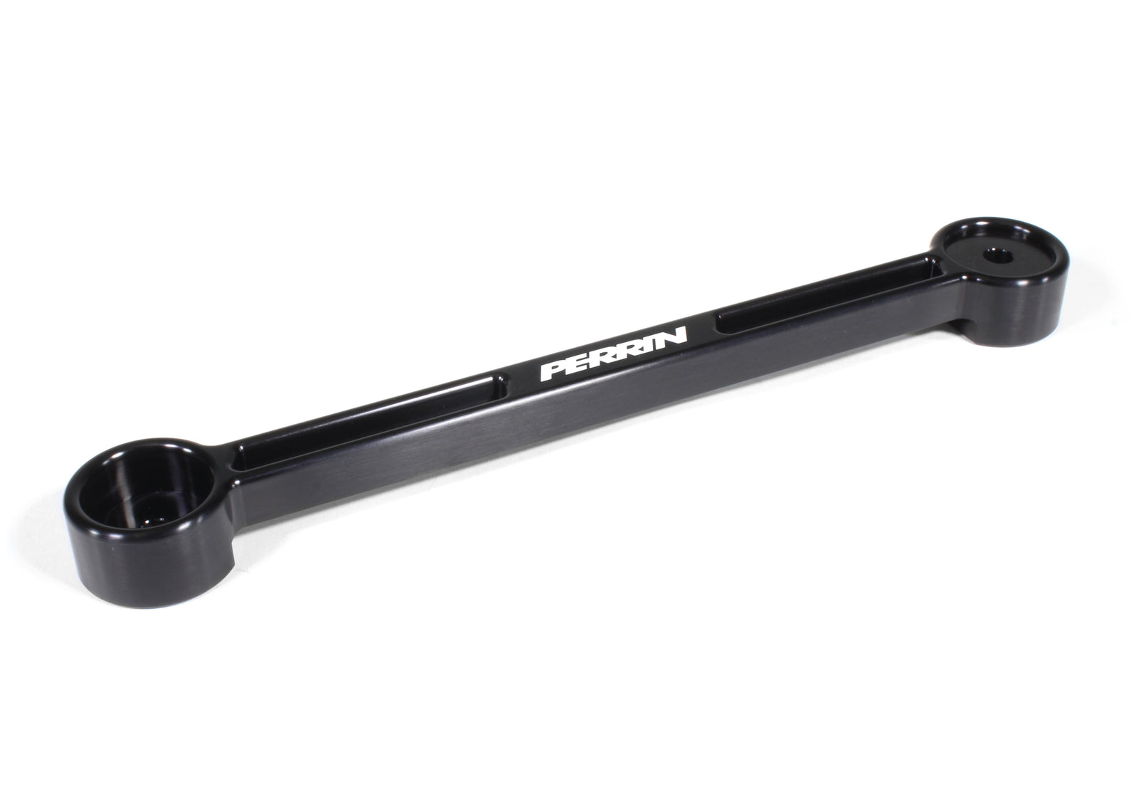 Perrin battery tie down in black aluminum, designed for secure battery mounting in performance vehicles.