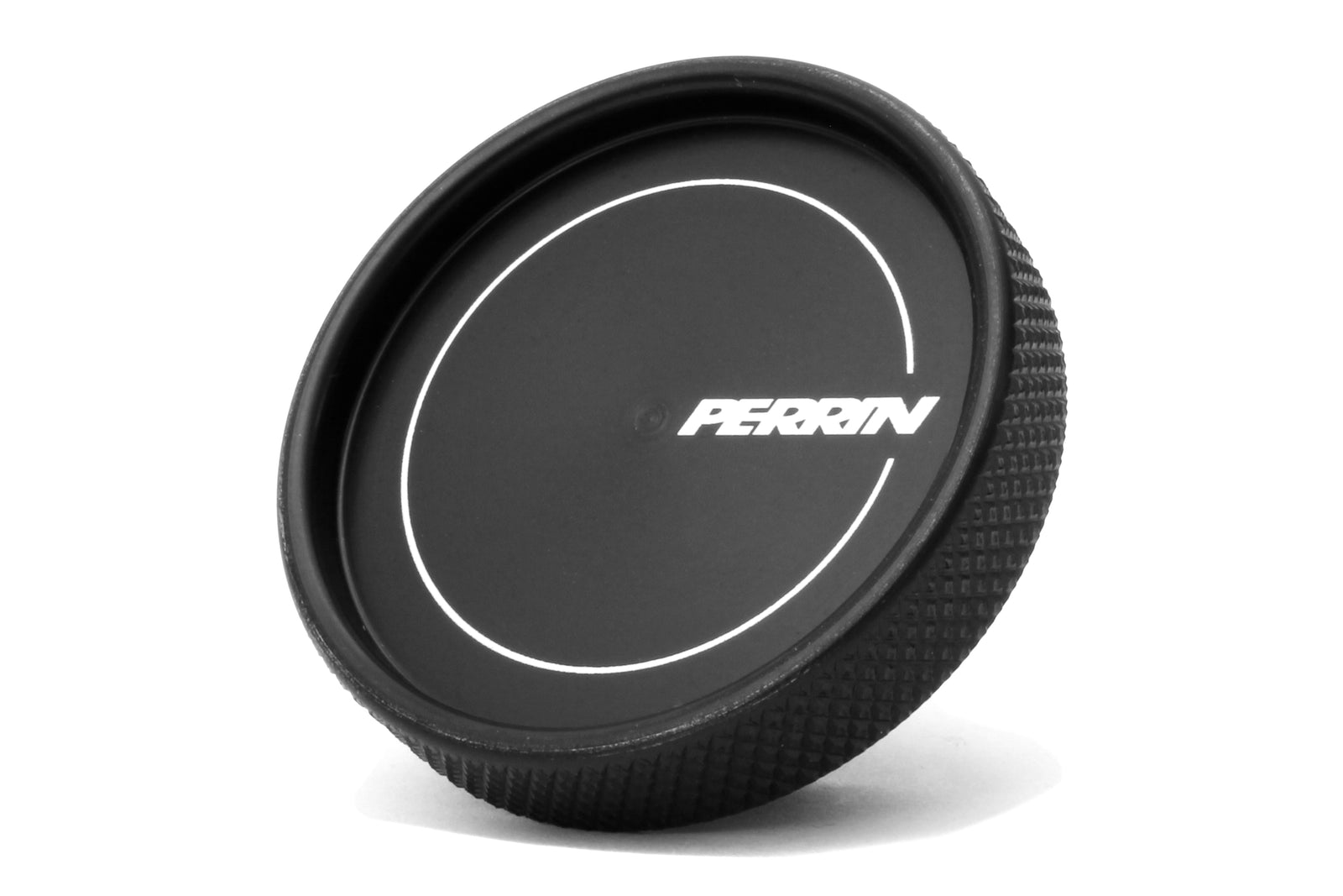 Perrin oil fill cap featuring a textured grip and sleek black finish, designed for performance vehicles.