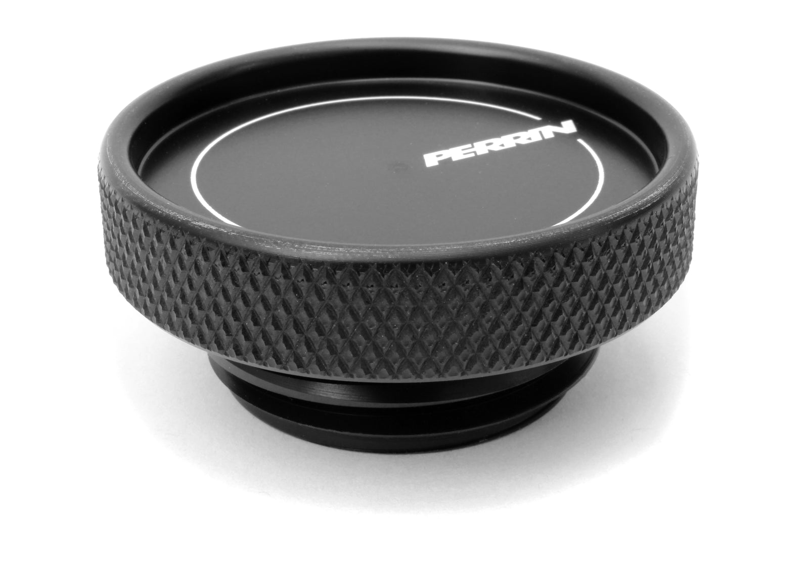 Perrin oil fill cap with a textured grip and sleek black finish, designed for performance Subaru, Honda, Nissan, and Toyota vehicles.
