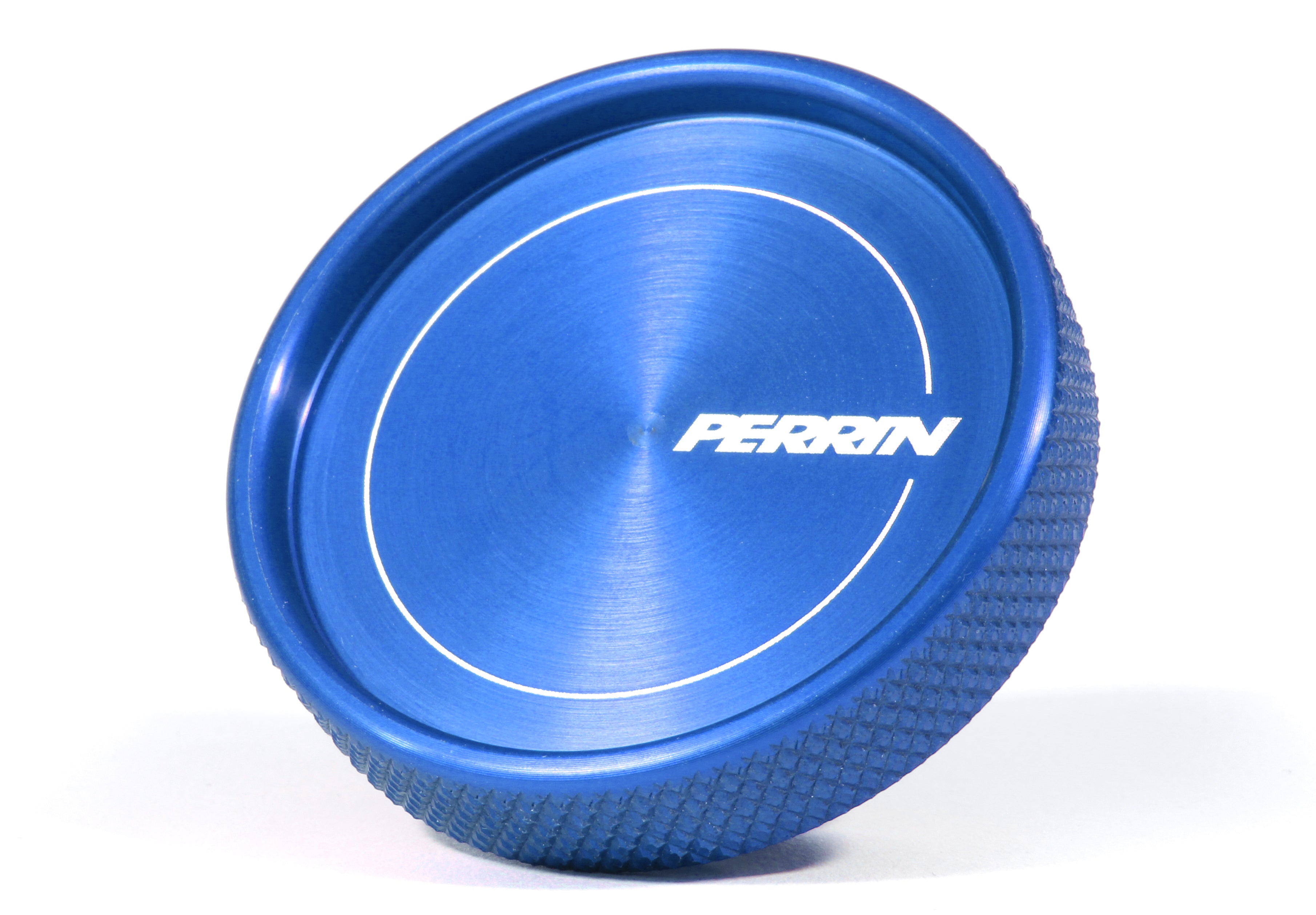 Blue aluminum oil fill cap with textured grip and PERRIN logo, designed for enhanced performance in Subaru, Honda, Nissan, and Toyota vehicles.