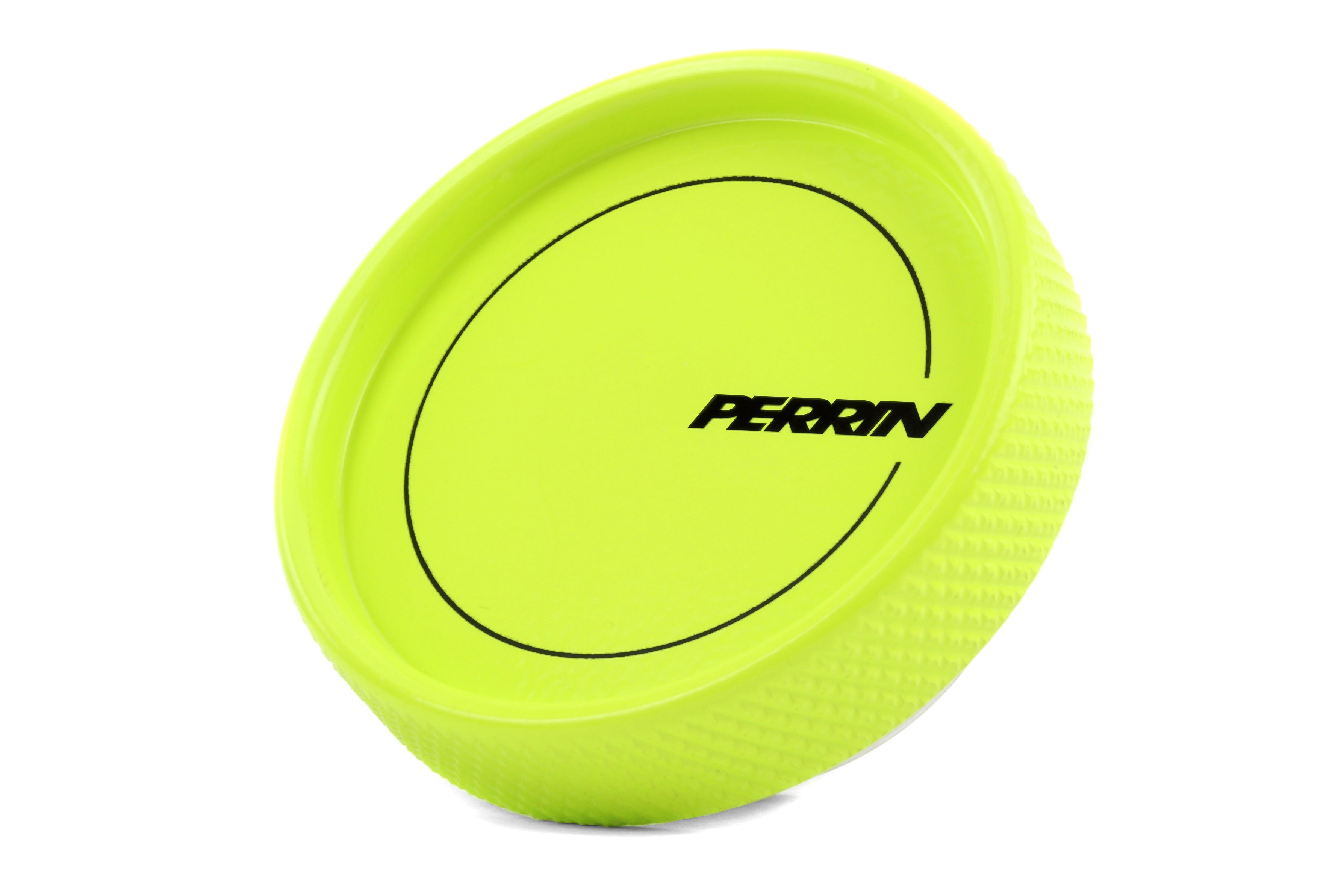 Bright green Perrin oil fill cap designed for performance vehicles, featuring a textured grip and logo.