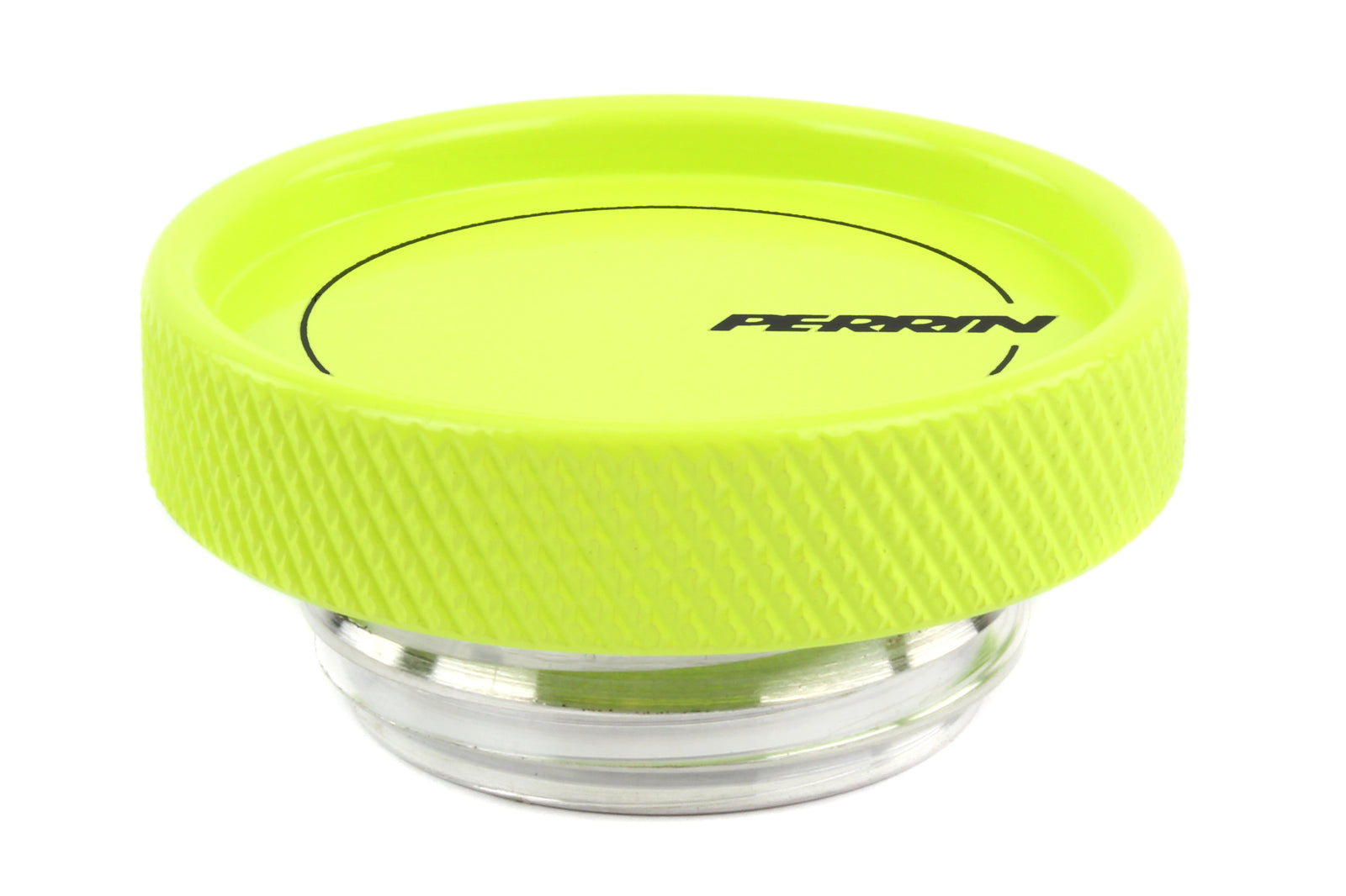 Perrin oil fill cap in bright yellow with textured grip, designed for performance Subaru, Honda, Nissan, and Toyota vehicles.