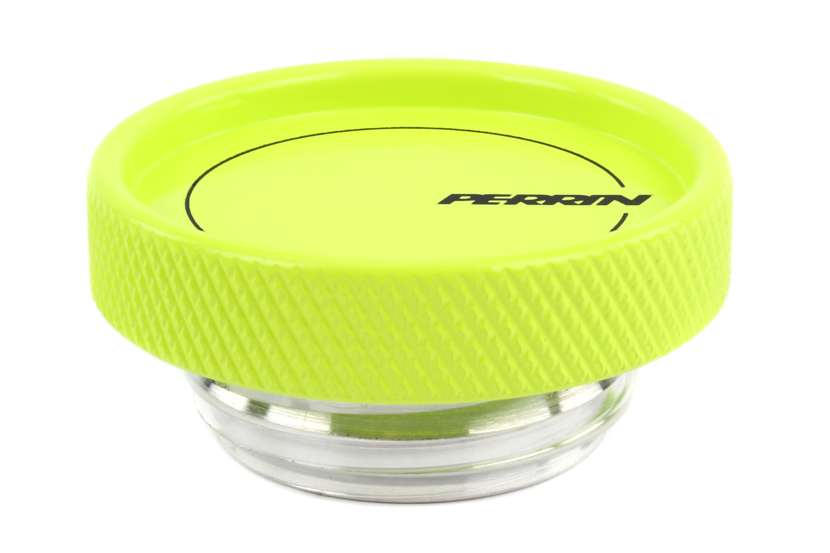 Perrin oil fill cap in bright yellow with textured grip, designed for performance Subaru, Honda, Nissan, and Toyota vehicles.