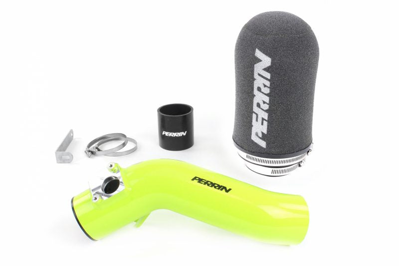 Cold air intake system for 2018-2021 Subaru STI, featuring a bright yellow intake tube, filter, and installation hardware.