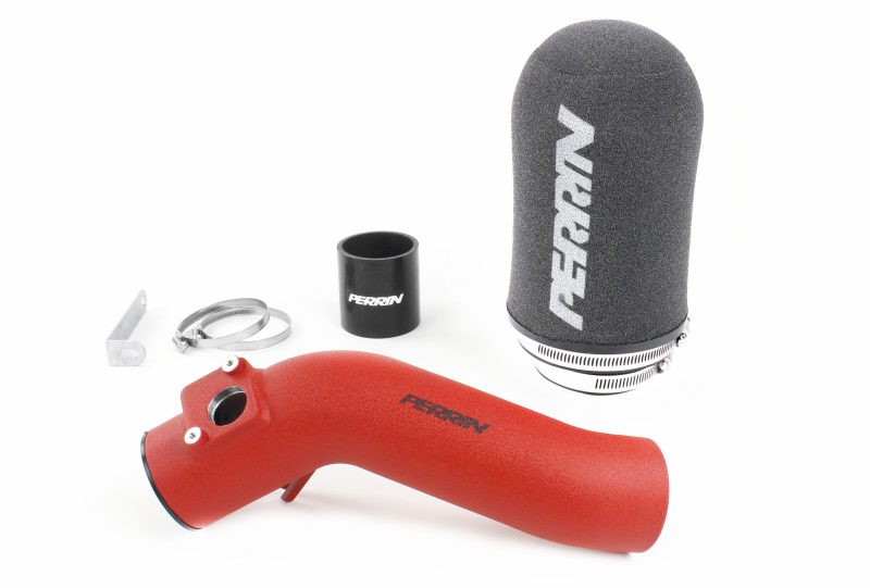 Cold air intake system for 2018-2021 Subaru STI, featuring a red intake pipe, filter, and installation accessories.