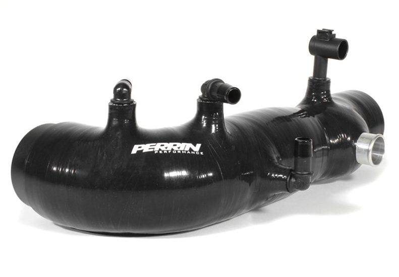 Perrin 2.4-inch turbo inlet hose for WRX/STI, featuring a sleek black design and multiple fittings for enhanced airflow.