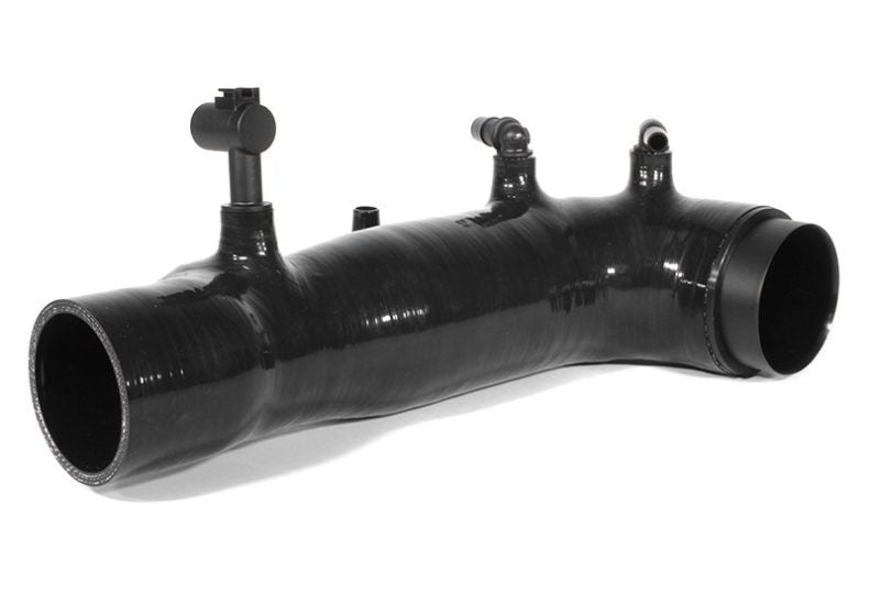 Black 2.4-inch turbo inlet hose for WRX/STI, featuring multiple fittings and a smooth design for enhanced airflow.