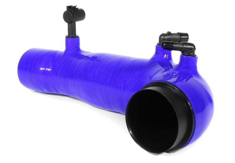 Blue 2.4-inch turbo inlet hose designed for WRX/STI, featuring multiple connection points for optimal airflow.