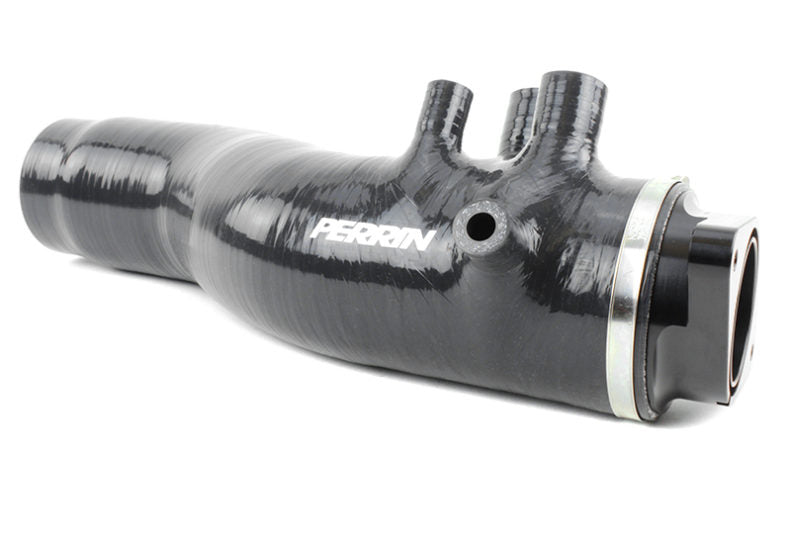 Black 3.0-inch turbo inlet hose with smooth curves and multiple fittings, designed for enhanced airflow and performance.