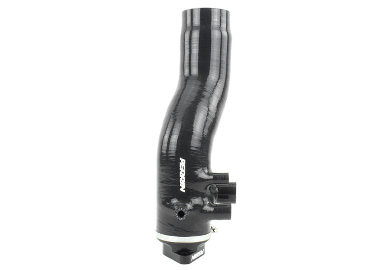 Black 3.0-inch turbo inlet hose with a curved design and multiple fittings for enhanced airflow in performance vehicles.