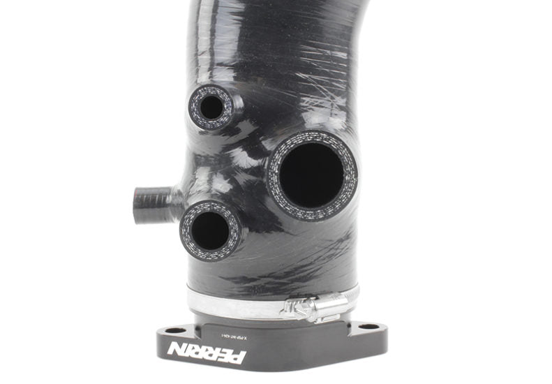 Close-up of a 3.0-inch turbo inlet hose featuring multiple ports and a black finish, designed for enhanced airflow.