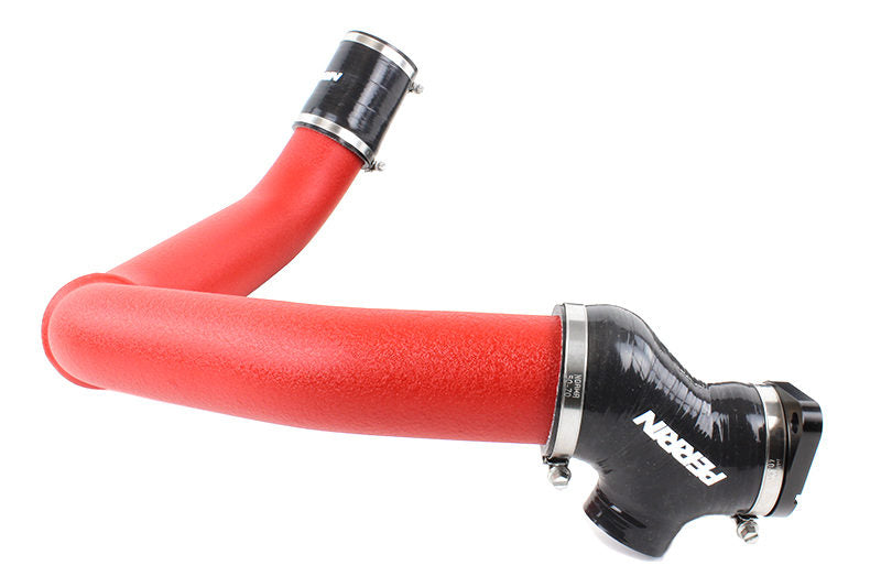 Red charge pipe for WRX, featuring a smooth design and durable connectors for enhanced performance and airflow.