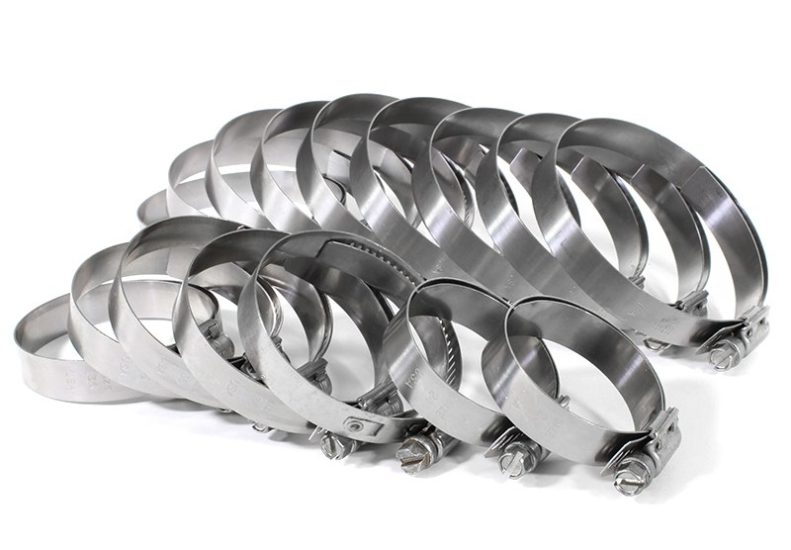 Hose clamp kit featuring multiple stainless steel clamps designed for securing front-mount intercooler hoses.