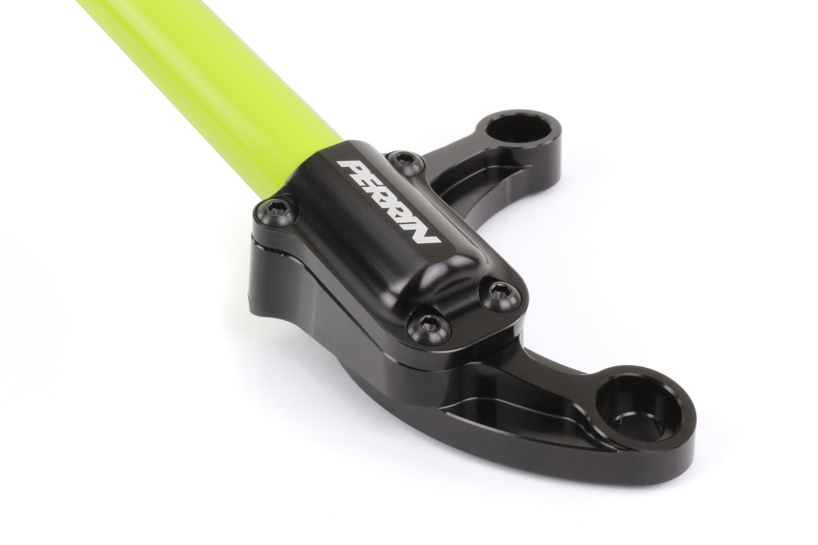 Front strut brace for 2008-2021 Subaru WRX, STI, Forester, Legacy, Outback, Crosstrek, and Impreza, featuring a vibrant green bar and black mounting hardware.