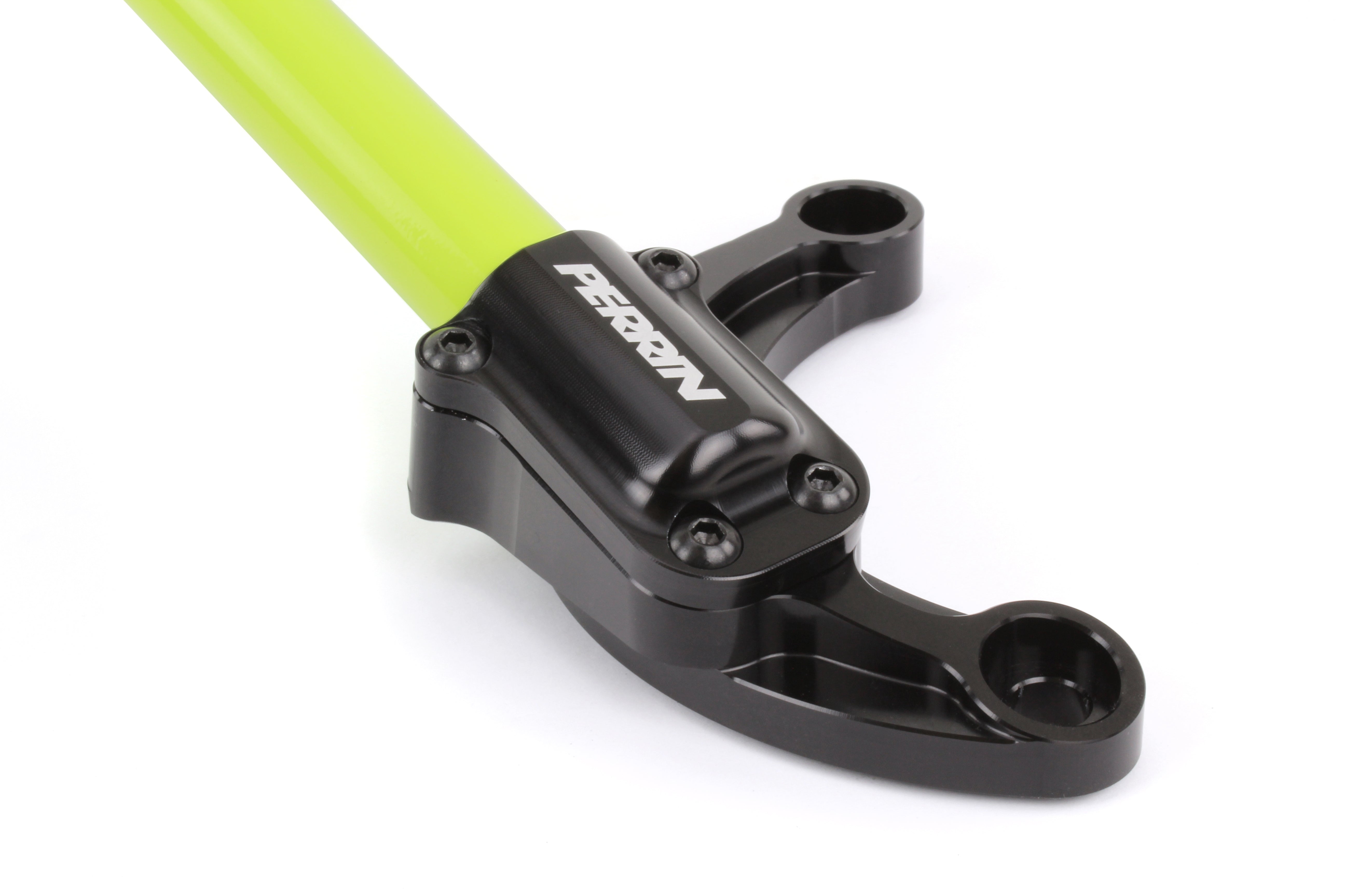 Front strut brace for 2008-2021 Subaru WRX, STI, Forester, Legacy, Outback, Crosstrek, and Impreza, featuring a vibrant green bar and black mounting hardware.