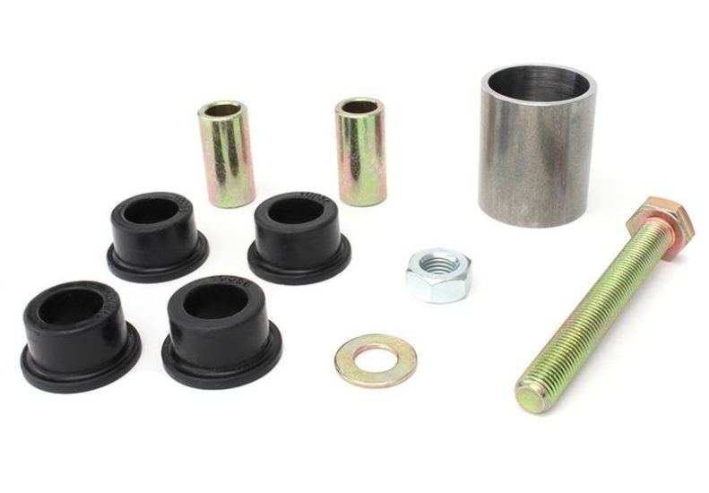 Steering rack lockdown kit for WRX/STI, including bushings, sleeves, bolt, washer, and nut for enhanced stability.