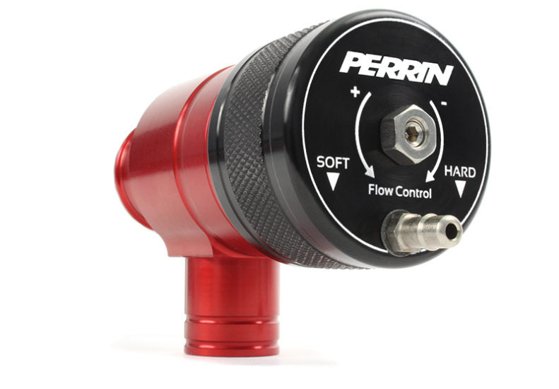 Perrin bypass valve for 2015-2021 WRX featuring adjustable flow control and a red anodized finish.
